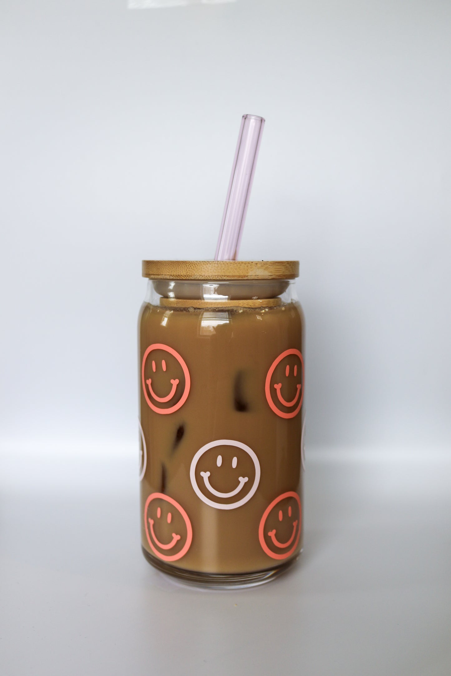 Pink Smiley Glass Can