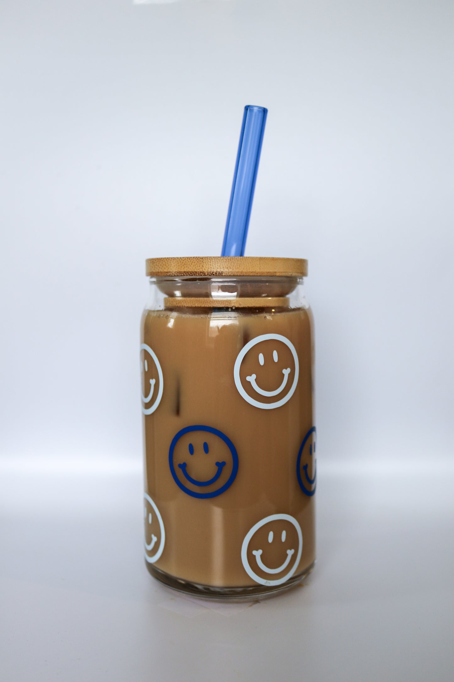 Blue Smiley Glass Can