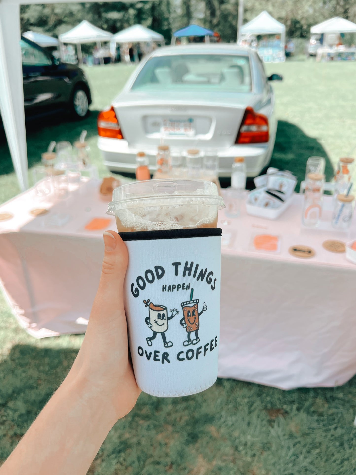 Iced Coffee Koozie (Good Things Happen Over Coffee)