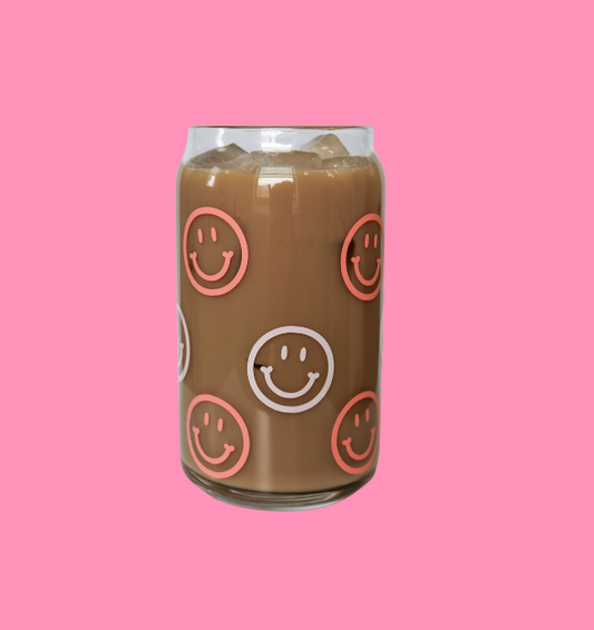 Pink Smiley Glass Can