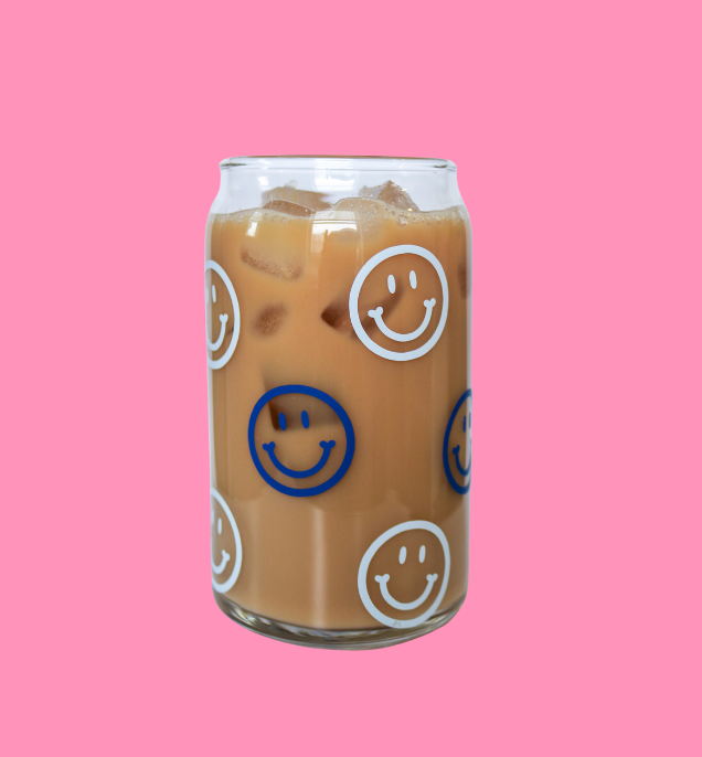 Blue Smiley Glass Can