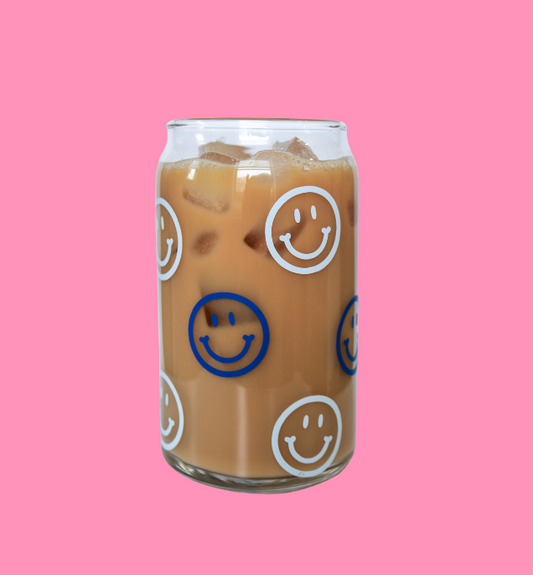Blue Smiley Glass Can